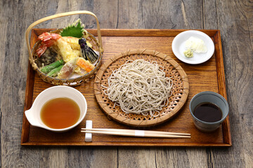 tempura soba, Japanese buckwheat noodles with assorted tempura