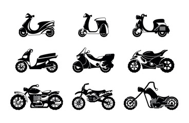 Set Of Black Motorcycle Icons Representing Different Styles And Types Of Bikes. Perfect For Enthusiasts, Illustration