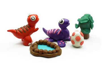 modeling clay, clay, dinosaur, animal, education, art, kid, white, colors, red, yellow, green, egg, tree, blue, purple