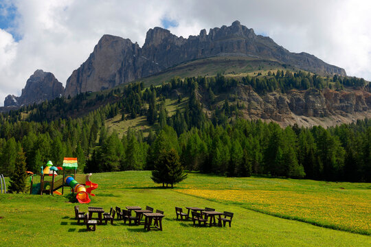 Scenic view of Passo Costalunga in Dolomites, Italy. Hillside of mount Catinaccio (Rosengarten) on the background, Italy, Europe	
