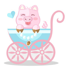 Sweet pink baby pig in blue kid stroller with tiny acorn pendant. Colored vector illustration 