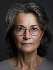 Gesicht einer Frau im reifen Alter mit Brille mit dunklen Hintergrund Nahaufnahme, ai generativ