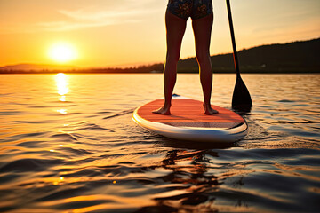 Woman standing on SUP standup paddle board paddling into sunset. Generative AI. - obrazy, fototapety, plakaty