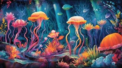 Fototapeta na wymiar Bright underwater world. Underwater with coral reef and colorful fish. Generative ai.