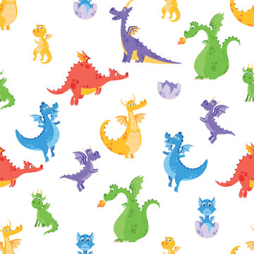 Seamless Pattern Featuring Adorable Cute Dragons, Perfect For Adding A Touch Of Whimsy And Fantasy To Any Design