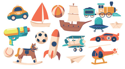 Set Of Boy Toys Including Car, Ship, Ball And Ufo Saucer. Rocking Horse, Rocket, Helicopter And Airplane With Train