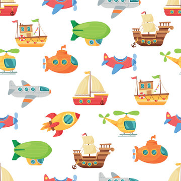 Seamless Pattern Featuring Playful Combination Of Toy Ships, Rockets, Dirigibles And Planes, Vector Illustration