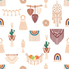 Seamless Pattern Featuring Collection Of Macrame Items. Tile Background With Delicate Knots And Intricate Designs