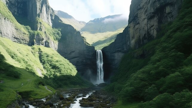 A remote waterfall nestled in a rugged mountain landscape, accessible only by a scenic hiking trail. Generative ai.