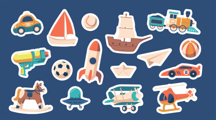Set Of Stickers Boy Toys Car, Ship, Ball And Ufo Saucer. Rocking Horse, Rocket, Helicopter And Airplane With Train