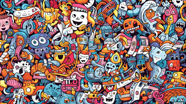 Playful doodle background, featuring intricate patterns, swirls, and doodles inspired by nature, animals, abstract shapes, flowers, suns, clouds, and smiling faces, created with Generative AI