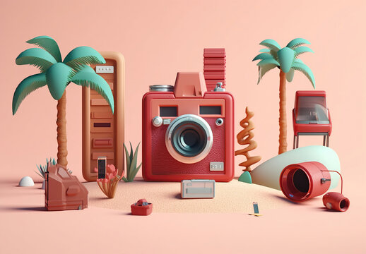 retro photo camera and beach element 3d render