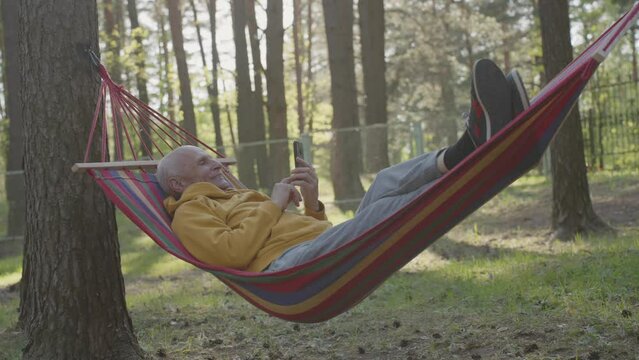 Elderly man with smile looks photos in mobile phone lying on colorful hammock attached to coniferous trees in city park. Recreation for old male person