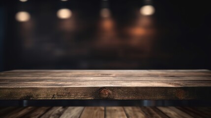 a front view of a dark brown, empty wooden table with a blurry background, serving as a blank wood table mockup, Ai generative
