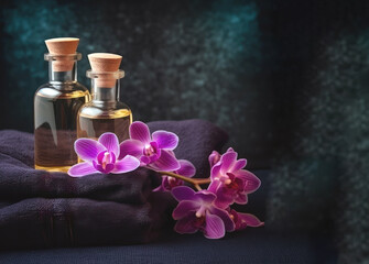 Spa still life with essential oil bottles soft towels and purple color orchid flower, generative ai