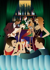 night club with singer on stage and people dance and drink alcohol. Vector illustration of live concert in cafe or restaurant with singer on scene and dancers