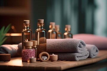 Fototapeta na wymiar Spa setting with essential oil bottles and towels closeup view. Generative AI