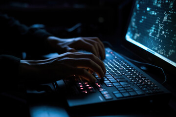 close up man hand typing on a laptop with a computer screen showing a coding design, in the style of nightscape, AI generative