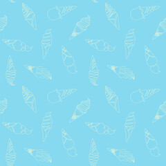 Outline of ice cream in a continuous line style on a yellow background. Seamless pattern. Summer doodle illustration for menus, invitations, flyers, fabric print