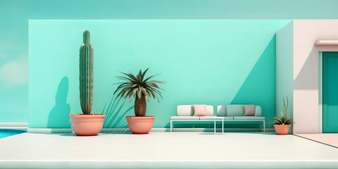 Minimal turquoise summer scene on a sunny day. Vacation minimal concept