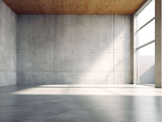 Empty room interior with concrete walls, grey floor with light and soft skylight from window. Background with copy-space. Ai Generative illustration - 612054871
