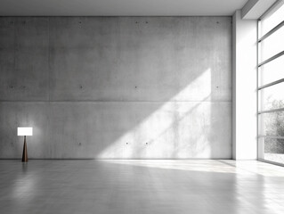 Empty room interior with concrete walls, grey floor with light and soft skylight from window. Background with copy-space. Ai Generative illustration - 612054892