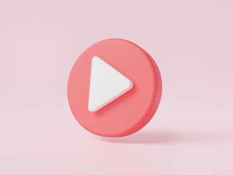 Play button icon on pink background. Video play icon, Social media, Media player sign, video player, streaming, live stream, multimedia concept. 3d render illustration. Cartoon minimal style