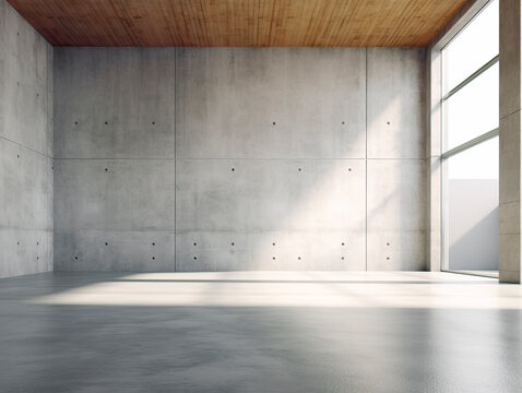 Empty room interior with concrete walls, grey floor with light and soft skylight from window. Background with copy-space. Ai Generative illustration