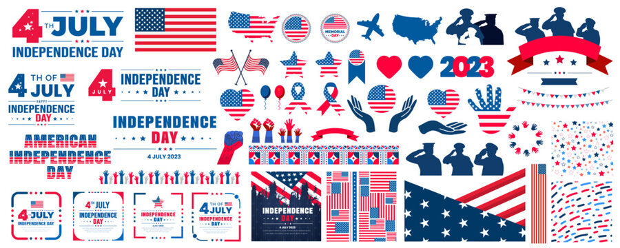 A big set of America and 4th of July and Independence Day elements. USA flag, social media post banner bundle, typography, pattern background, balloons, and many more illustrations in one big bundle.
