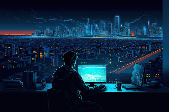 hacker is working on a laptop with java coding on screen at a desk in a dark room, in the style of light teal and dark indigo, AI generative