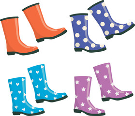 Boots rubber vector. Colored rubber boots vector icon set. Rain boots cartoon illustration isolated on white background.