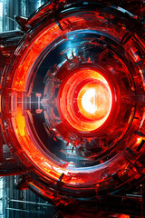 Fototapeta premium A red glowing robotic eye. LED effects, futuristic aesthetic, intricate designs of mechanical realism, glowing eye, advanced machinery and cybernetic wonders. Generative Ai.