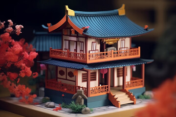 Paper sculpture - house in Japanese style and trees. Origami, paper art style. Generative AI