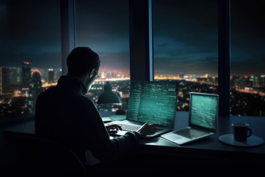 hacker is working on a laptop with java coding on screen at a desk in a dark room, in the style of light teal and dark indigo, AI generative