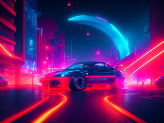 Fototapeta na wymiar Car and city in neon cyberpunk style.Retro futuristic car drive through neon city. 3d render of seamless loop.