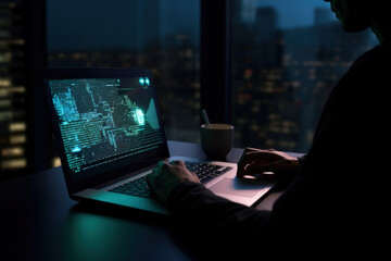 hacker is working on a laptop with java coding on screen at a desk in a dark room, in the style of light teal and dark indigo, AI generative