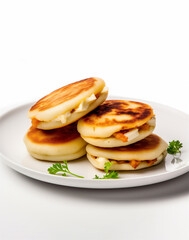 Roasted traditional corn arepas filled with cheese and chicken isolated on white background. Ai generated