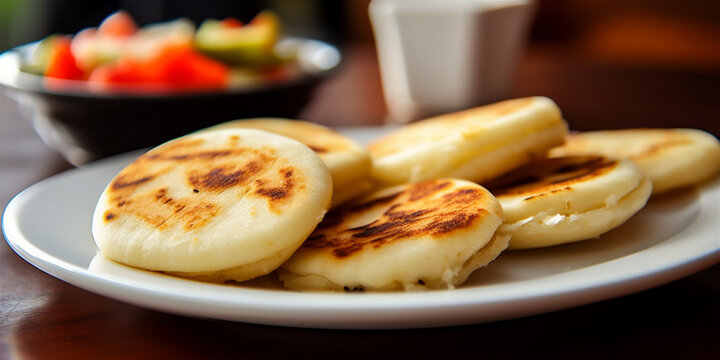Roasted traditional corn arepas on a plate with cheese. Ai generated