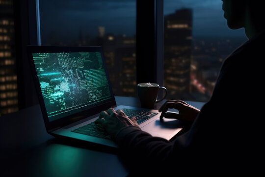 hacker is working on a laptop with java coding on screen at a desk in a dark room, in the style of light teal and dark indigo, AI generative