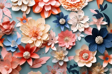 Floral background - blooming multicolored flowers. Origami, paper art style. Generative AI