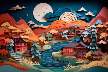 Obraz na płótnie Canvas Summer scene - river, mountains, house and tree. Japanese origami, paper art style. Generative AI