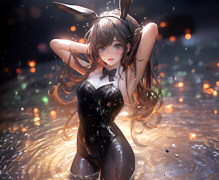  Wet-look 2D bunny girl next to a pond, Generative AI
