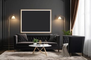 Black sofa in modern living room interior with mock up poster frame. 3D Rendering, Mockup poster frame on the wall of a luxurious apartment, AI Generated