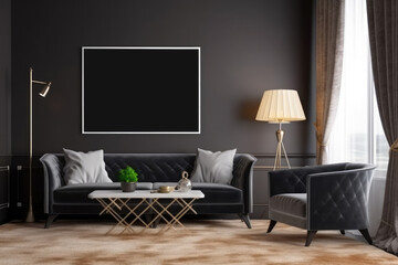 Black living room interior with a black sofa, a coffee table and a TV on the wall. Mock up, 3D Rendering, Mockup poster frame on the wall of a luxurious apartment, AI Generated
