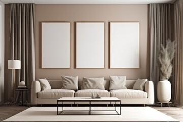 Living room with beige walls, wooden floor, beige sofa and two vertical mock up posters. 3d rendering, Mockup poster frame on the wall of the living room, AI Generated