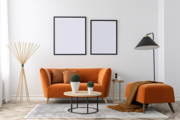Interior of living room with orange sofa, coffee table and two vertical posters. 3d render, Mockup poster frame on the white wall in a Scandin, AI Generated