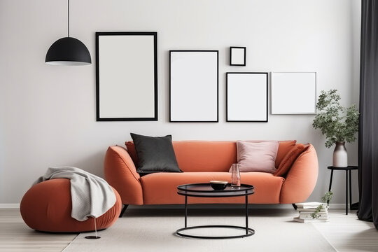Interior of modern living room with orange sofa, coffee table and three blank picture frames on wall. 3d render, Mockup poster frame on the white wall in a Scandin, AI Generated