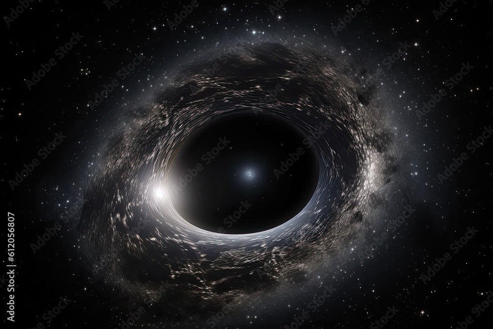 Poster Black hole in the outer space with stars and galaxies. 3D rendering, A monster black hole glowing in deep space, AI Generated