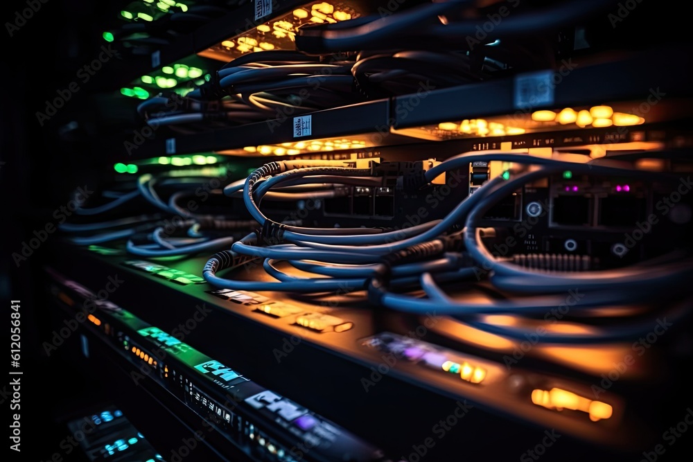 Poster close up of network cables connected to servers in a data center. network cables connected to the ne