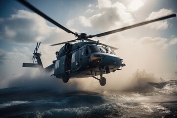 Fototapeta na wymiar Helicopter landing in a stormy sea. Military background. Navy helicopter flying in a warzone, AI Generated
